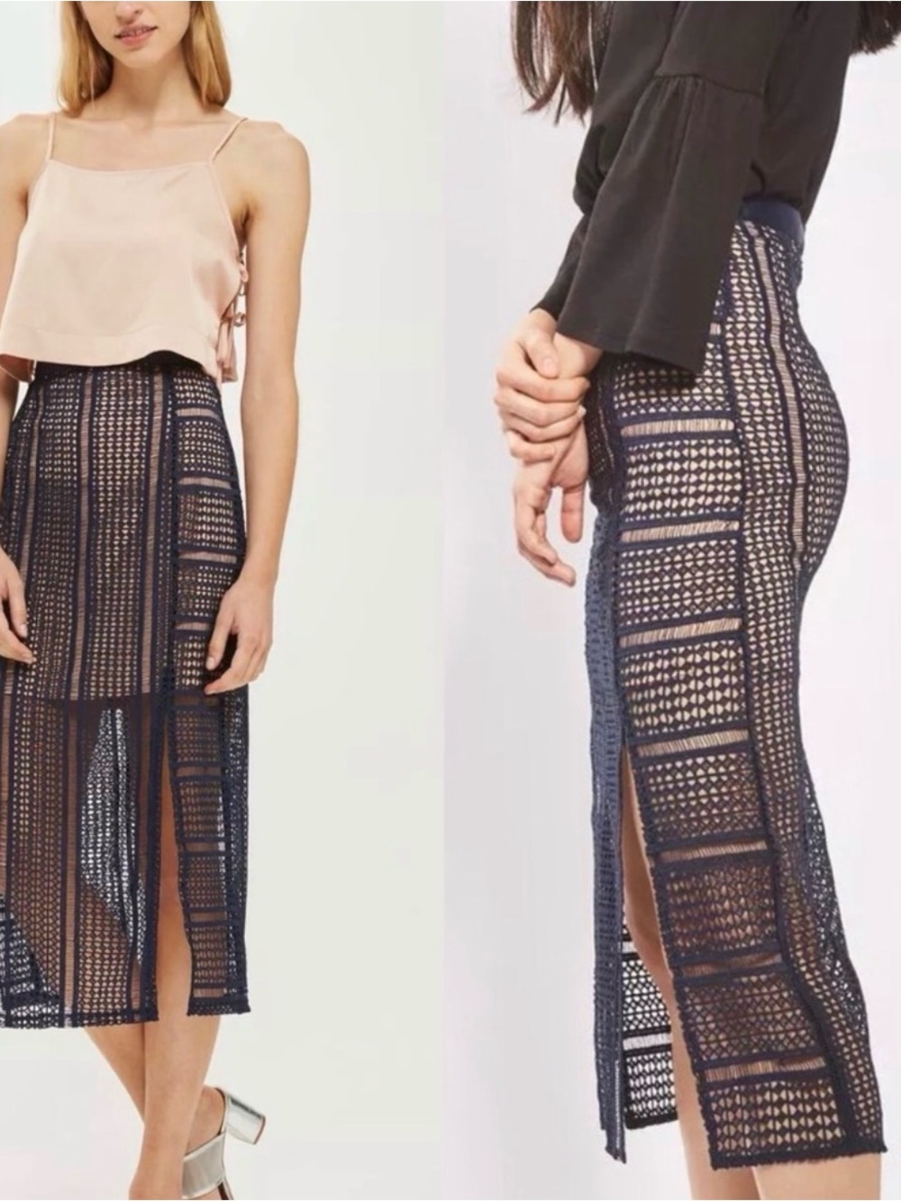 Topshop Split Geo Lace Midi Skirt Navy Blue Nude Lining High Slits Size workwear